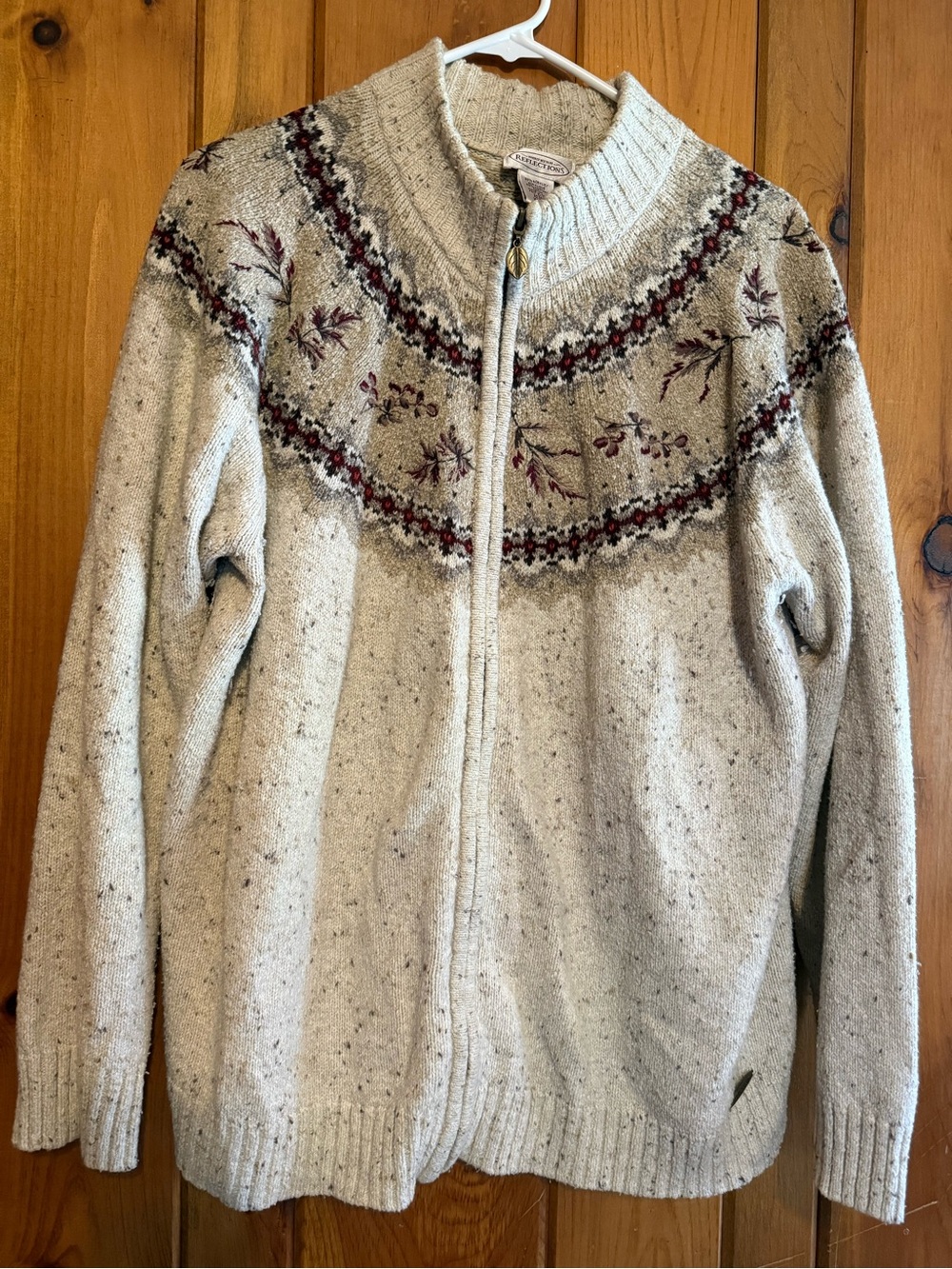 Northern Reflections Cream Zip-Up Fair Isle Cardigan with Burgundy Accents